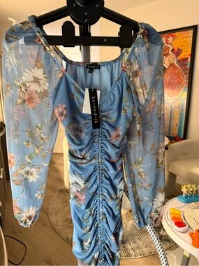 Kendrik Blue Floral Ruched Mesh Sleeve Dress